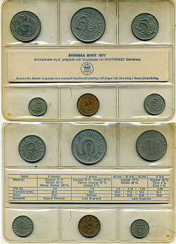 Швеция набор из 6 монет (5, 10, 25 и 50 эре; 1 и 5 крон) 1977 в оригинальной банковской упаковке, запайка KM MS5 (849, 850, 851, 852, 853 и 855) BU 8-2-06-57