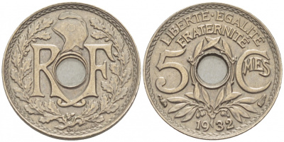 ФРАНЦИЯ 5 САНТИМОВ 1932 ТИП ЛИНДАЙЁ KM 875 медно-никель 3309-1021