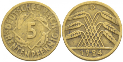 ГЕРМАНИЯ 5 РЕНТЕНПФЕННИГОВ 1924 D, KM 32, J. 308 алюминиевая бронза 4532-548