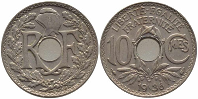 ФРАНЦИЯ 10 САНТИМОВ 1936 ТИП ЛИНДАЙЁ KM 866а, LE FRANC 138.23 медно-никель 108-225