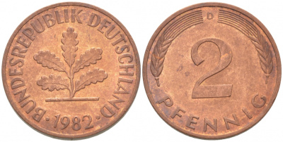 ФРГ 2 ПФЕННИГА 1982 D KM 106a J 381a сталь плакированная бронзой 3996-1122