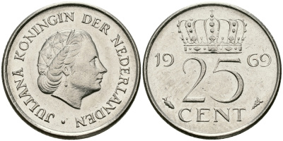 Нидерланды 25 центов 1969 Юлиана (1948-1980) KM 183 никель 96-217