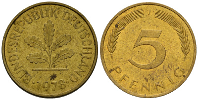 ФРГ 5 пфеннигов 1978 J J.382, KM 107 сталь плакированная латунью    4598-1019