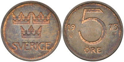 Швеция 5 эре 1973 Густав VI Адольф (1950-1973) KM 845 бронза 4585-317
