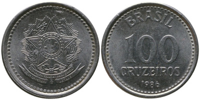 Бразилия 100 крузейро 1986 KM 595, Schon 104 нержавеющая сталь 4567-1019
