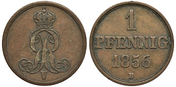 Ганновер 1 пфенниг 1856 B, Георг V KM 221, AKS 155, J. 83 медь 4594-228