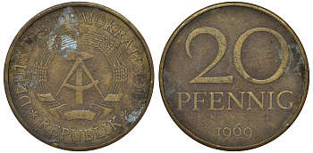 ГДР 20 пфеннигов 1969 А, первый год KM 11 латунь 62-1012