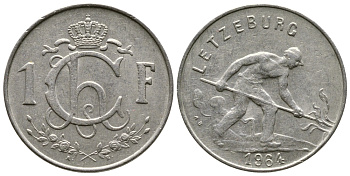 ЛЮКСЕМБУРГ 1 ФРАНК 1964 СТАЛЕВАР KM 46.2 медно-никель 179-916