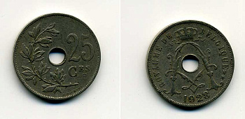 БЕЛЬГИЯ 25 САНТИМОВ 1928 BELGIQUE KM 68.1 медно-никель 37-1254