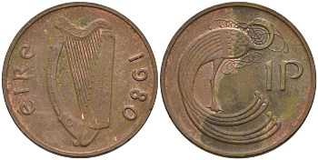 Ирландия 1 пенни 1980 мифологическая птица лира KM 20 бронза 4146-426