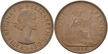 Великобритания 1 пенни 1966 Елизавета II (1952-2022) KM 897, Spink 4157 бронза 4574-245