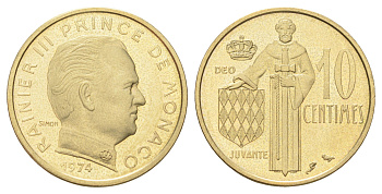 Монако 10 сантимов 1974 Ренье III (1949-2005), тираж 7.000 экземпляров KM 142 медь алюминий никель BU 4668-1134
