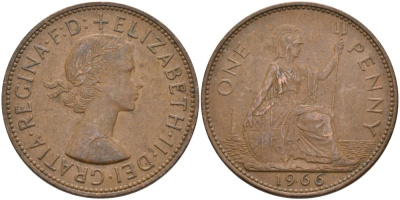 Великобритания 1 пенни 1966 Елизавета II (1952-2022) KM 897, Spink 4157 бронза 4574-245