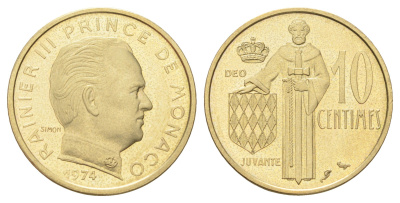 Монако 10 сантимов 1974 Ренье III (1949-2005), тираж 7.000 экземпляров KM 142 медь алюминий никель BU 4668-1134