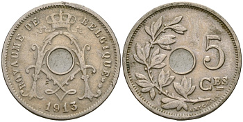 Бельгия 5 сантимов 1913 BELGIQUE KM 66 медно-никель 4174-255