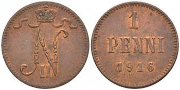 РОССИЯ ДЛЯ ФИНЛЯНДИИ 1 ПЕННИ 1916 НИКОЛАЙ II (1895-1917) KM 13, Биткин 476 медь 211-1055