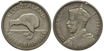 Новая Зеландия 1 флорин 1933 Георг V (1910-1936), птичка киви KM 4 серебро 272-1214