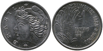 Бразилия 1 сентаво 1975 ФАО KM 585, Schon 91 нержавеющая сталь UNC 4567-848