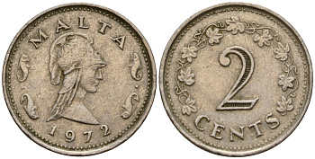Мальта 2 цента 1972 Пентесилея, царица амазонок KM 9 медь цинк 4154-636