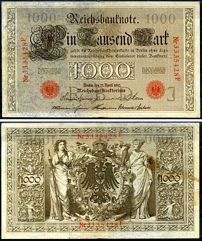 Германия 1000 марок 1910 21 апреля 1910, красная печать, номер семизначный, серия F, буква J, выпуск АПРЕЛЬ - ИЮЛЬ 1918 Pick 44 b бумага 7553-44-1-1