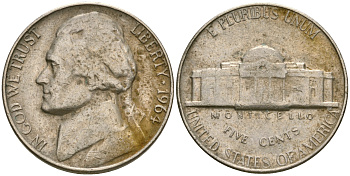 США 5 центов 1964 Томас Джефферсон KM А192 медно-никель    4364-3536