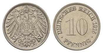 Германия 10 пфеннигов 1915 D, Вильгельм II (1888-1918) KM 12, J. 13 медно-никель aUNC 4625-1032