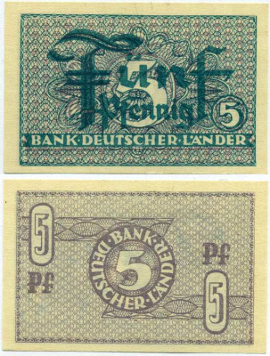 ФРГ 5 ПФЕННИГОВ 1948 BANK DEUTSCHER LANDER Pick 11a, Rosenberg 250b бумага UNC (ПРЕСС) 8613-14-3-2