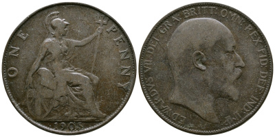 Великобритания 1 пенни 1905 Эдуард VII (1901-1910) KM 794.2, Spink 3990 бронза 37-1011
