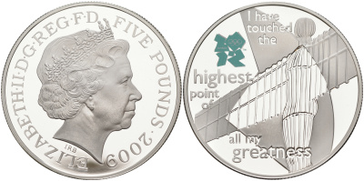 Великобритания 5 фунтов 2009 Елизавета II (1952-2022), XXX летние Олимпийские Игры, Лондон 2012 - Ангел Севера KM 1140, Spink LO39 серебро PROOF 02-108-31