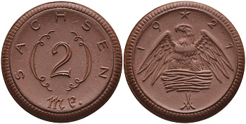 Саксония 2 марки 1921 J. N 56 фарфор 1094-2-44
