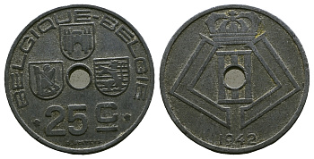 Бельгия 25 сантимов 1942 Belgique - Belgie, немецкая оккупация KM 131 цинк 259-947