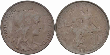 ФРАНЦИЯ 10 САНТИМОВ 1906 ТИП ДАНИЭЛЬ ДЮПЮИ KM 843, LA FRANC 136.16 бронза 109-222