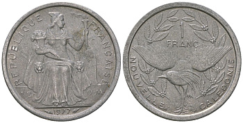 Французская Новая Каледония 1 франк 1977 птица кагу, (IEOM) KM 10, Schoen 10, Lec 40 алюминий    51-1114