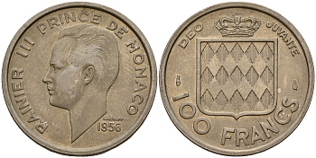 Монако 100 франков 1956 Ренье III (1949-2005) KM 134 медно-никель    4601-931