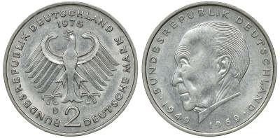 ФРГ 2 марки 1975 D, Конрад Аденауэр KM 124, J. 406 медно-никель плакированный никелем UNC 4681-1056
