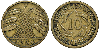 ГЕРМАНИЯ 10 РЕНТЕНПФЕННИГОВ 1924 J KM 33, J. 309, Weege 8 алюминиевая бронза 72-1534