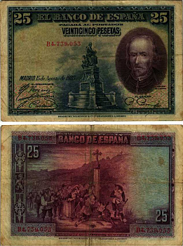 ИСПАНИЯ 25 ПЕСЕТ 1928 15 АВГУСТА 1928, ПЕДРО КАЛЬДЕРОН де ля БАРКА, СЕРИЯ В 4739053, МОНУМЕНТ, СЦЕНА ИЗ РЕЛИГИОЗНОЙ КОМЕДИИ Pick 74b бумага 6312-60-3-2