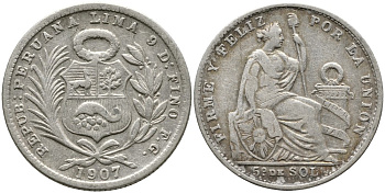 ПЕРУ 1/5 СОЛЯ 1907 FG, ПРОБА 900, ВЕС 5 ГР. KM 205.2 серебро 119-135