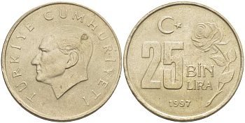 Турция 25000 лир 1997 Мустафа Кемаль Ататюрк KM 1041 медь никель цинк 202-332