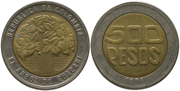 Колумбия 500 песо 1994 KM 286, Schon 114 биметалл 4538-1054