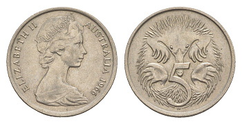 Австралия 5 центов 1966 Елизавета II (1952-2022) молодой портрет, ехидна KM 64 медно-никель 4151-158