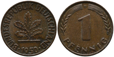 ФРГ 1 пфенниг 1950 D KM 105, J.380 сталь плакированная медью 99-248