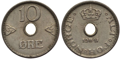 Норвегия 10 эре 1941 Хокон VII (1905-1957) KM 383 медно-никель 4549-953