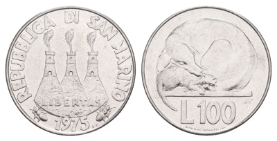 Сан-Марино 100 лир 1975 Любовь у животных KM 46 нержавеющая сталь  UNC  4634-134