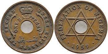 Нигерия 1/2 пенни 1959 Елизавета II (1952-), Британский протекторат KM 1 бронза 4387-248