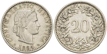 ШВЕЙЦАРИЯ 20 РАППЕНОВ 1884 В KM 29 никель 4513-236
