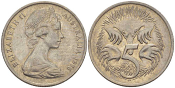 Австралия 5 центов 1976 королева Елизавета II (1952-2022), ехидна KM 64 медно-никель 100-1229