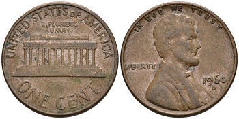 США 1 цент 1960 D, Линкольн KM 201 медь цинк 4564-336