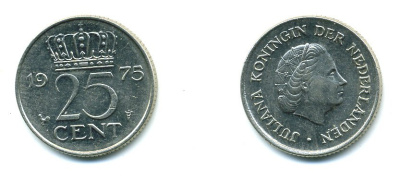 Нидерланды 25 центов 1975 Юлиана (1949-1980) KM 183 никель 76-524