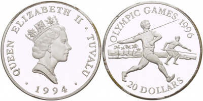 Тувалу 20 долларов 1994 Олимпийские игры 1996 года, копьеметатель KM 25 серебро PROOF 11-240-44